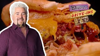 BBQ Burger Topped with PORK Rinds  Diners Driveins and Dives with Guy Fieri  Food Network [upl. by Ennaihs]