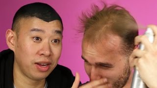 Balding Men Try SprayOn Hair [upl. by Ynohtnanhoj]