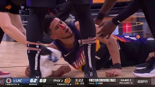 Devin Booker is down and bleeding pretty badly after colliding with Pat Beverley [upl. by Ricarda]