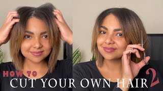 HOW TO CUT YOUR OWN HAIR AT HOME  DIY Layered Bob Haircut  Curtain Bangs [upl. by Odrude389]