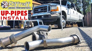 2001 F350 73  RiffRaff UpPipes Install  Stock up pipes leaking and falling apart JUNK SP [upl. by Mossman]