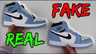 REAL VS FAKE NIKE AIR JORDAN 1 UNIVERSITY BLUE COMPARISON [upl. by Bertasi657]